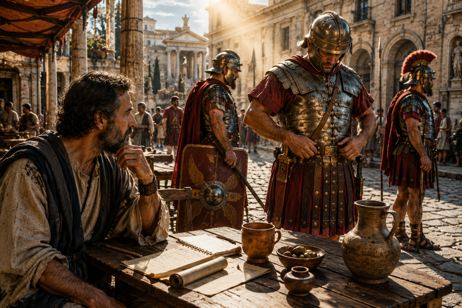 Apostle Paul observing a Roman soldier fastening the Belt of Truth
