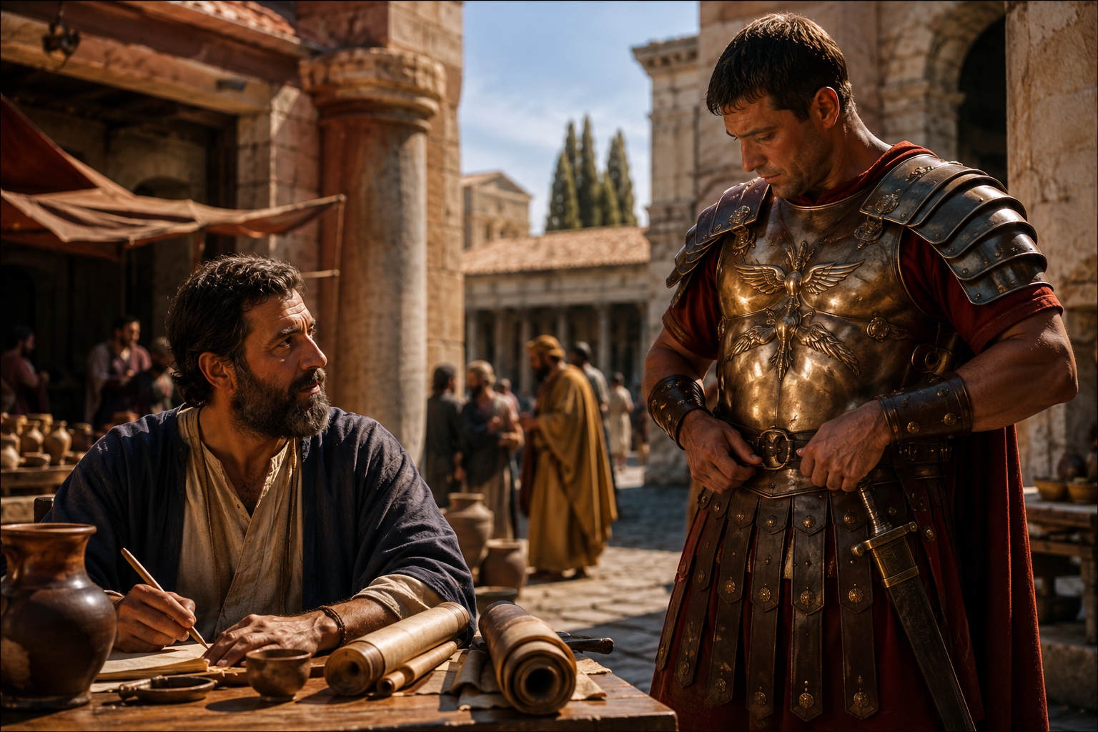 Apostle Paul observing a Roman soldier securing his breastplate