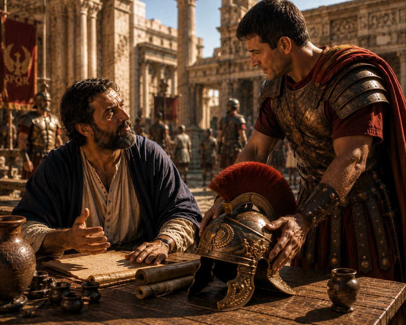 Apostle Paul observing a Roman soldier with the Helmet of Salvation