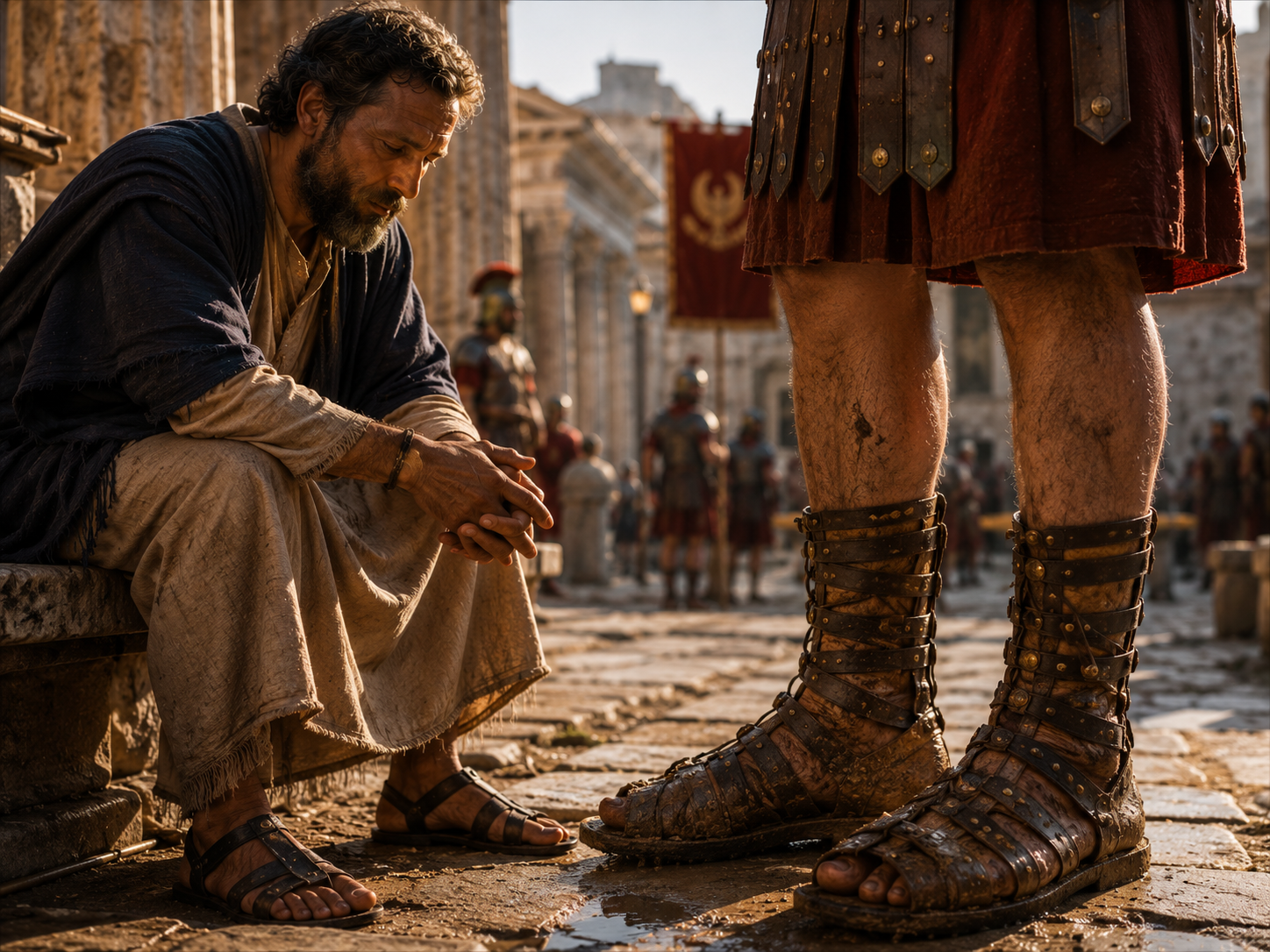 Apostle Paul observing the battle-tested hobnailed sandals of a Roman soldier