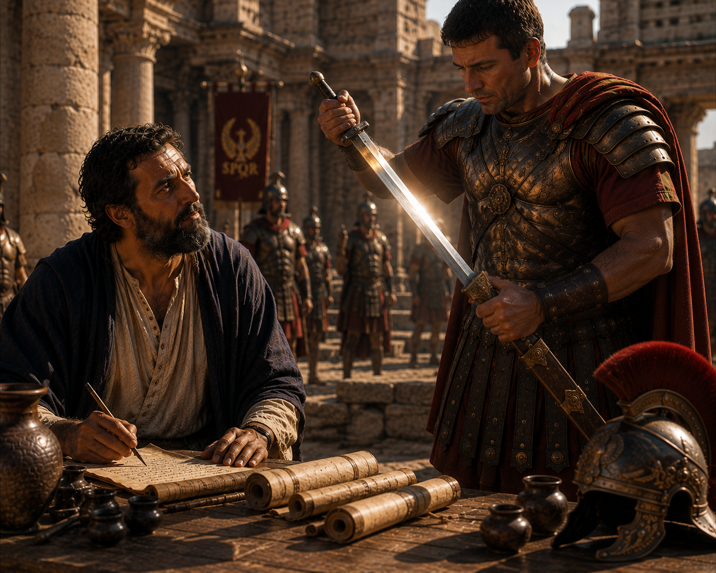 Apostle Paul observing a Roman soldier with the Sword of the Spirit