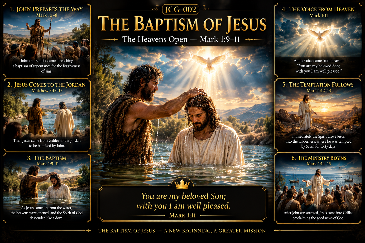 The Baptism of Jesus in the Jordan River with John the Baptist and the Holy Spirit descending like a dove