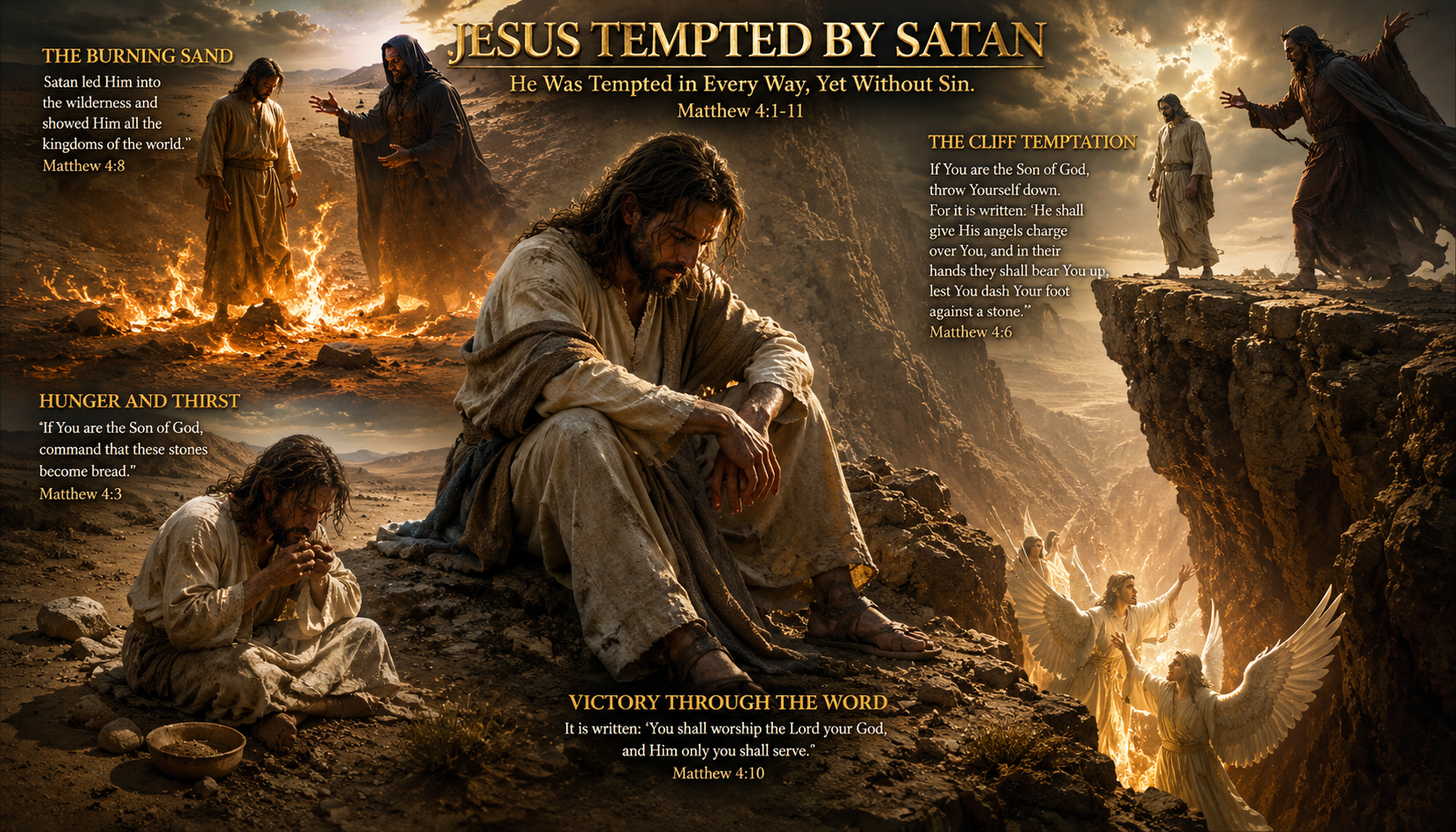 Jesus in the wilderness during His temptation, including hunger, the cliff temptation, Satan, and angels