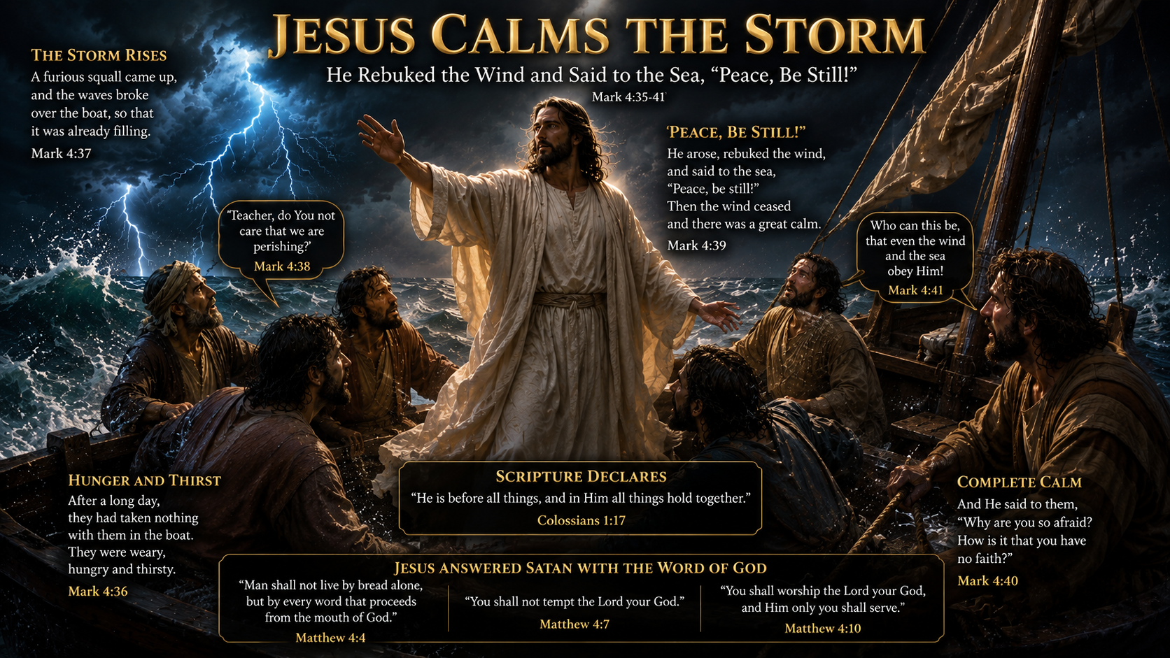 Jesus calming a violent storm on the Sea of Galilee as frightened disciples struggle in the boat