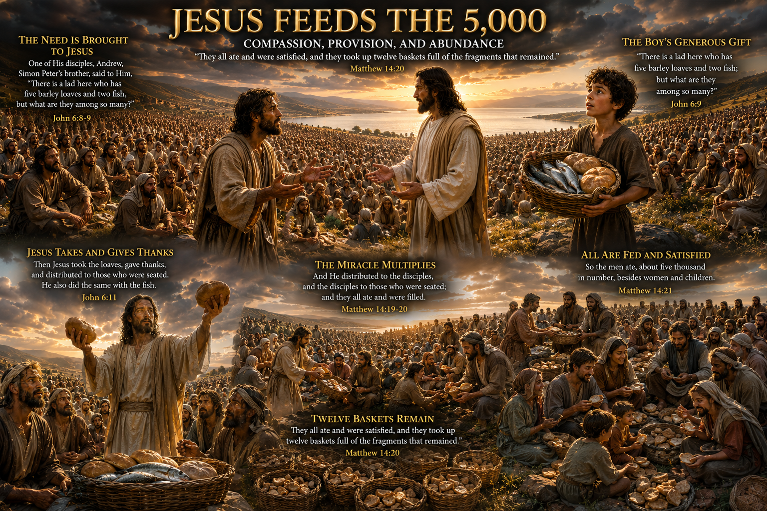 Jesus feeding the 5,000 as a vast crowd receives bread and fish from the disciples