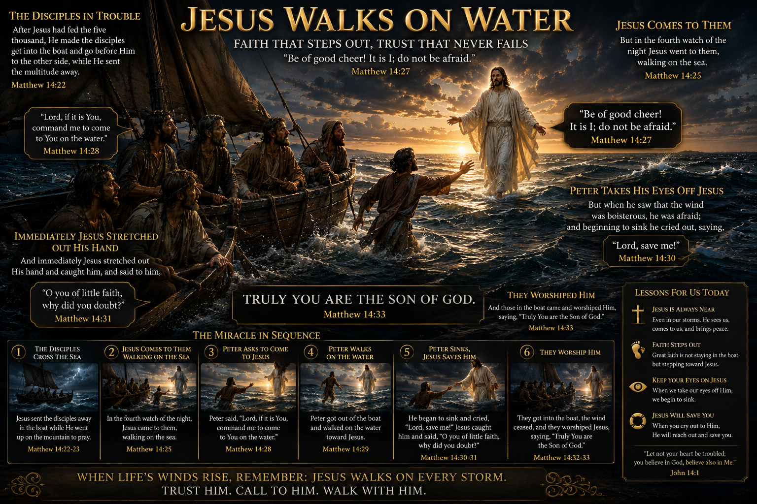 Jesus walking on the Sea of Galilee as Peter steps from the boat, begins to sink, and is rescued