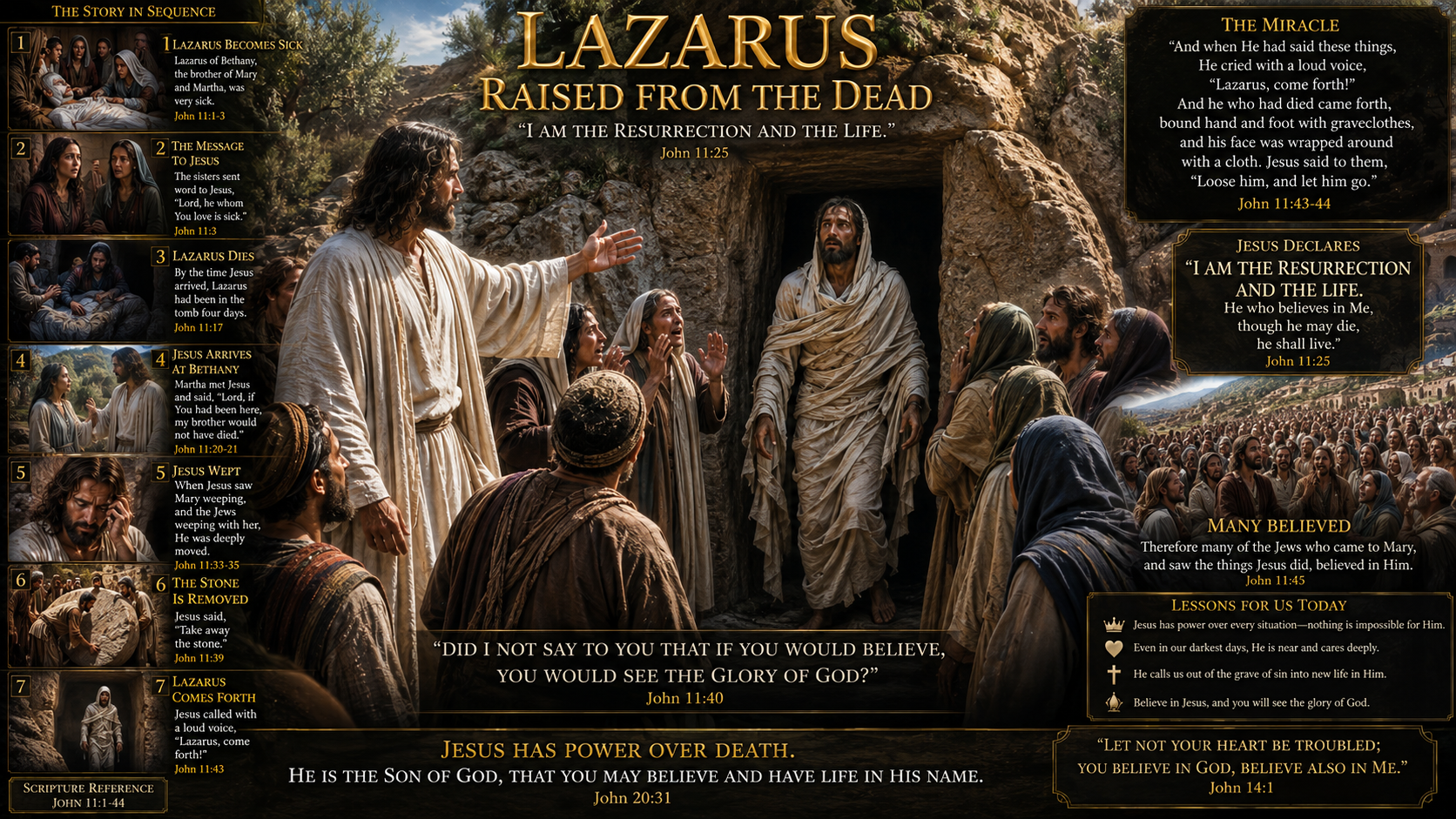 Jesus raising Lazarus from the dead at Bethany as Lazarus emerges from the tomb