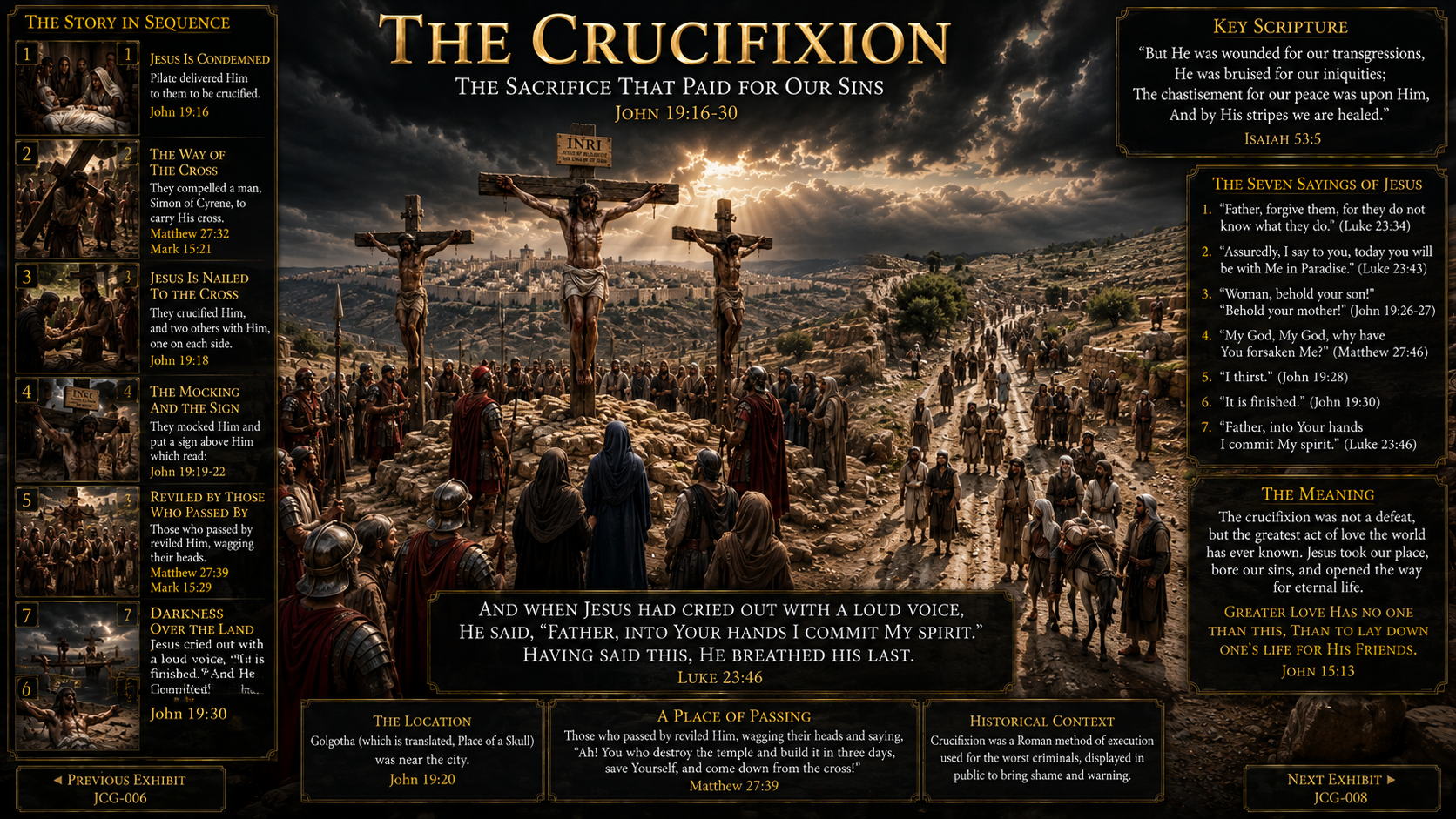 The crucifixion of Jesus at Golgotha beside a traveled road near Jerusalem