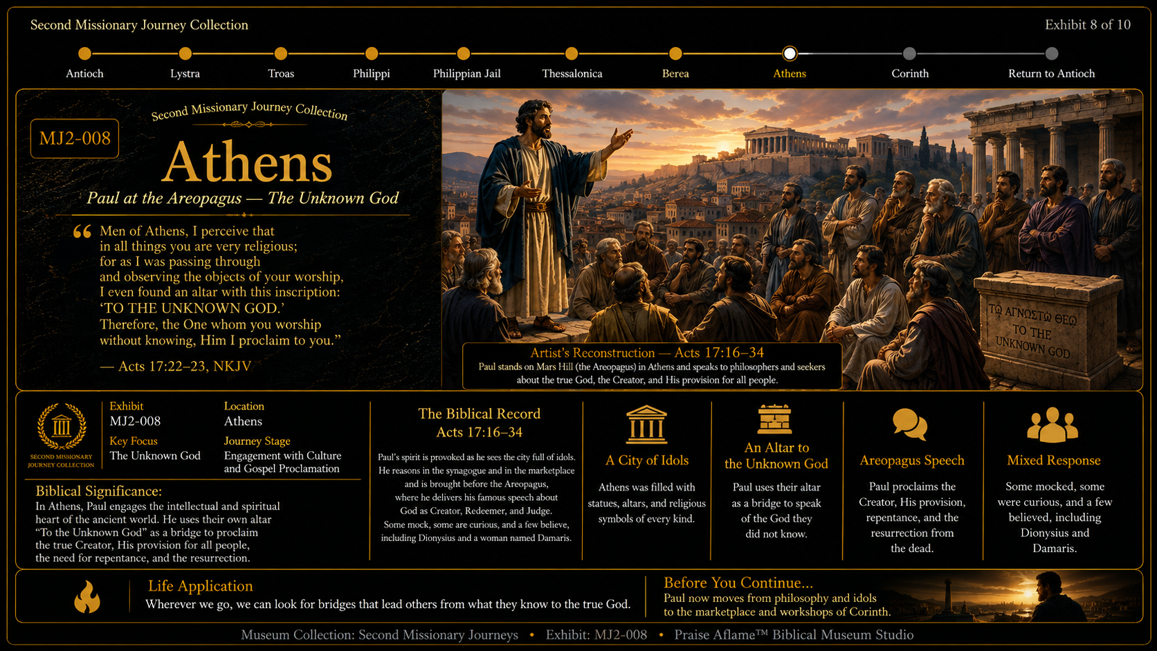 Museum reconstruction of Paul speaking at the Areopagus in Athens beside the altar to the Unknown God
