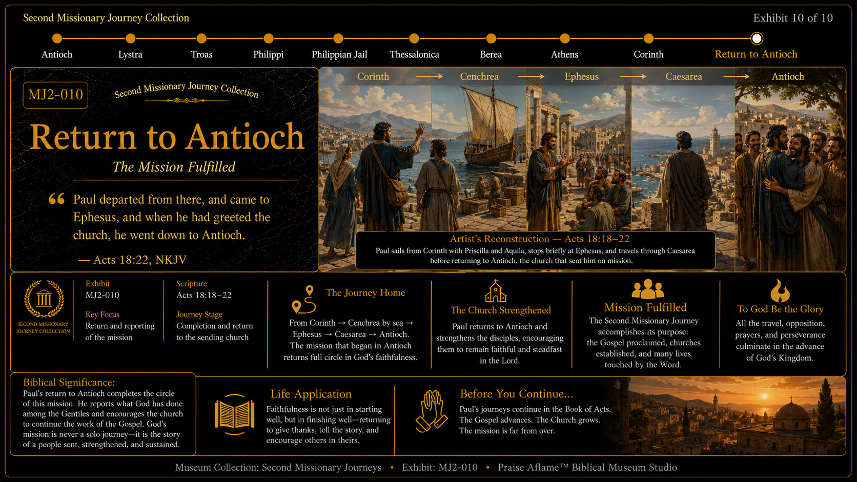 Museum reconstruction of Paul's return journey from Corinth through Cenchrea, Ephesus, Caesarea, and Antioch