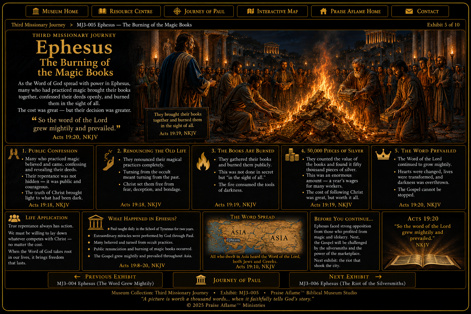 Museum reconstruction of believers in Ephesus publicly burning costly books associated with magic