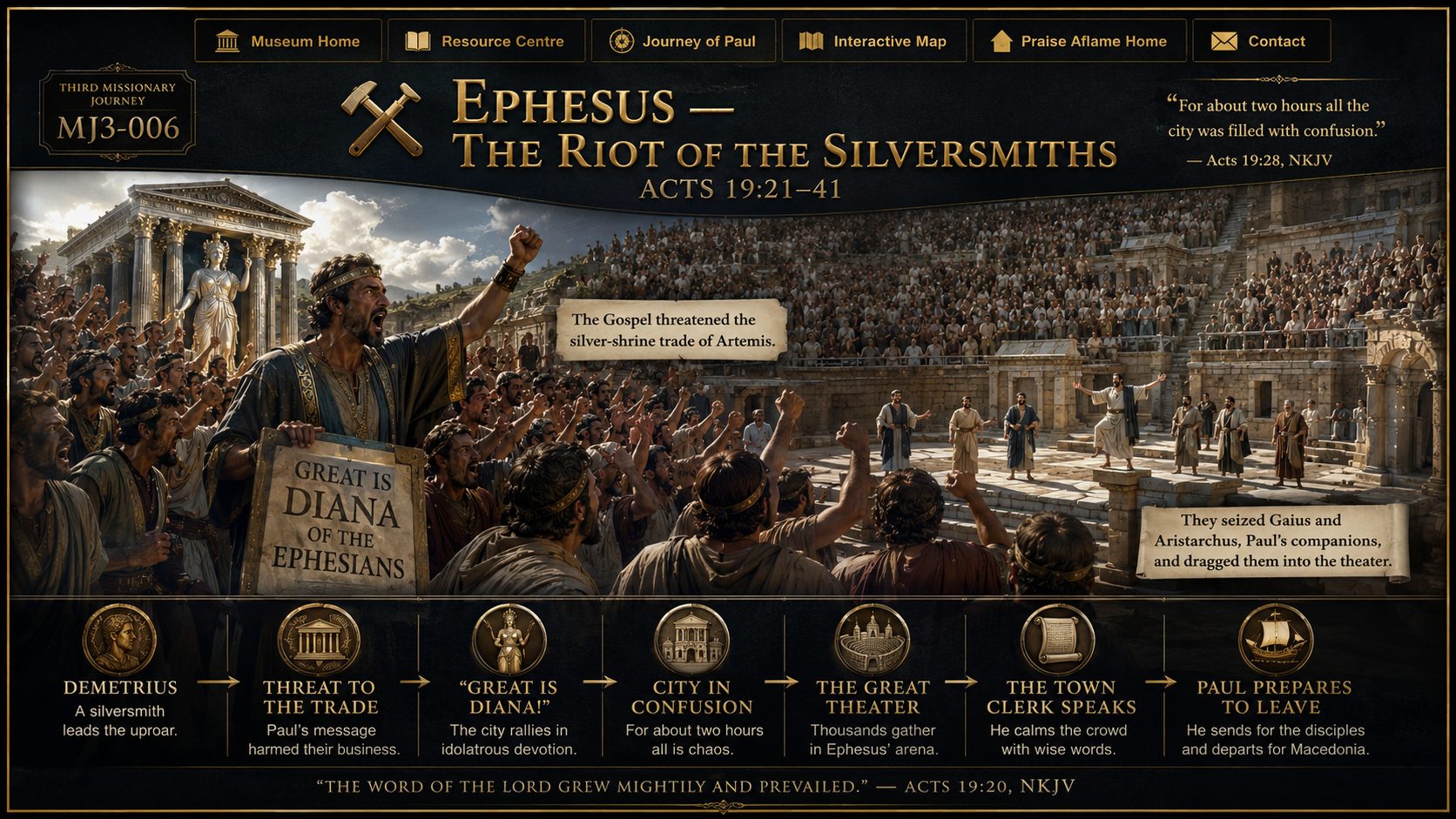 Museum reconstruction of the uproar in Ephesus as the crowd gathers in the great theater