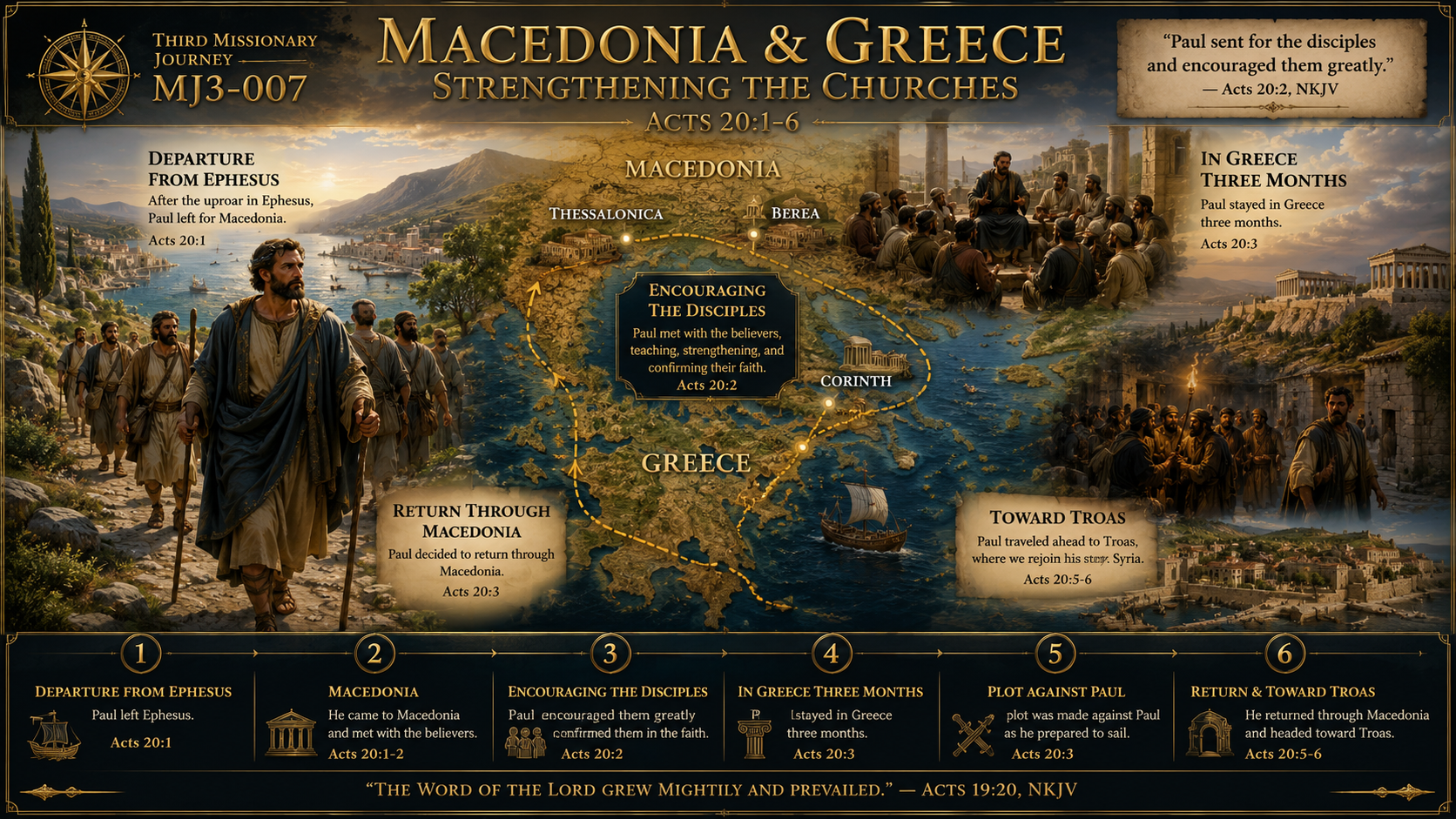 Museum reconstruction of Paul traveling through Macedonia and Greece while strengthening the churches