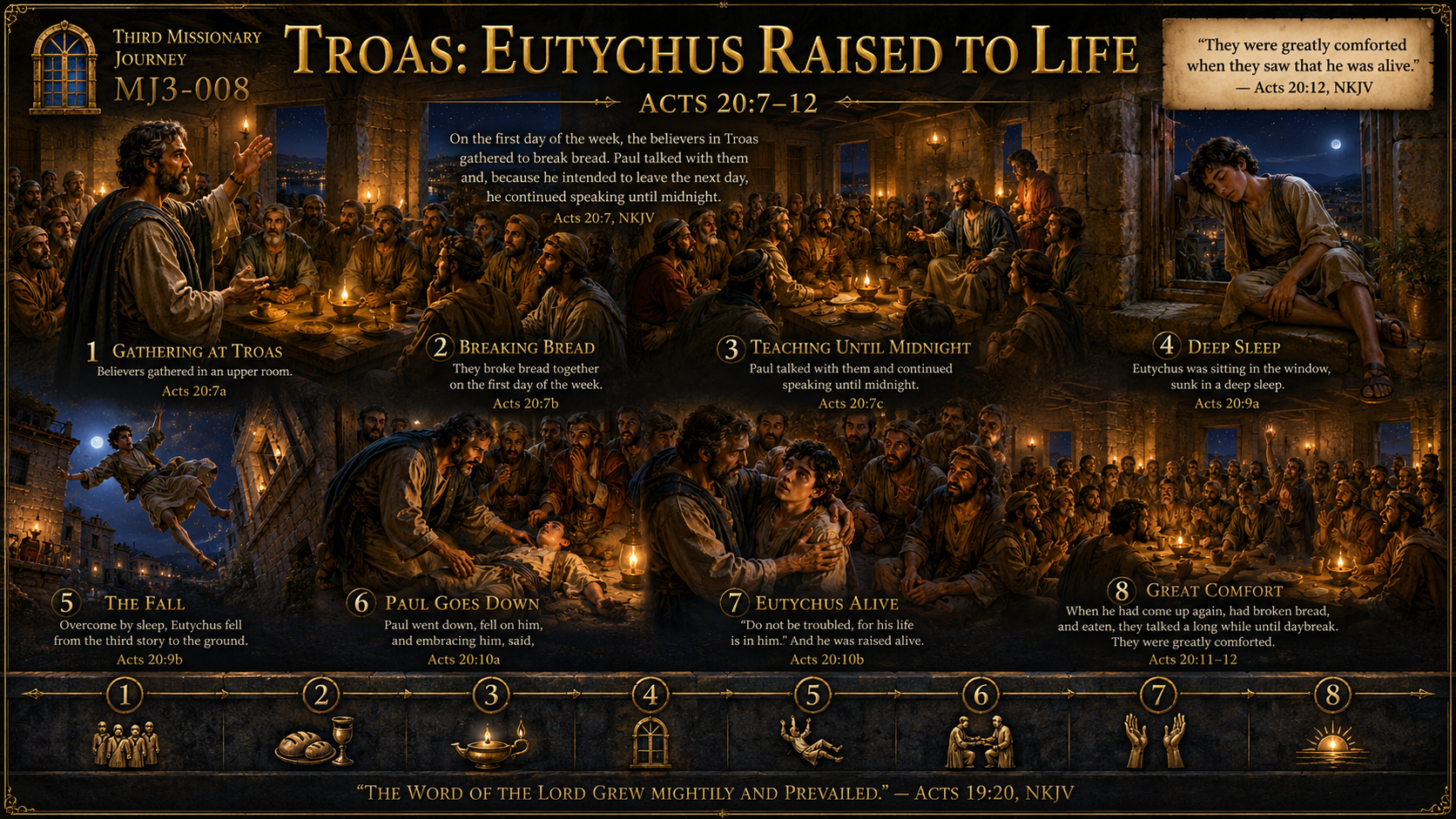 Museum reconstruction of Paul teaching in an upper room at Troas as Eutychus falls from the third-story window and is restored alive