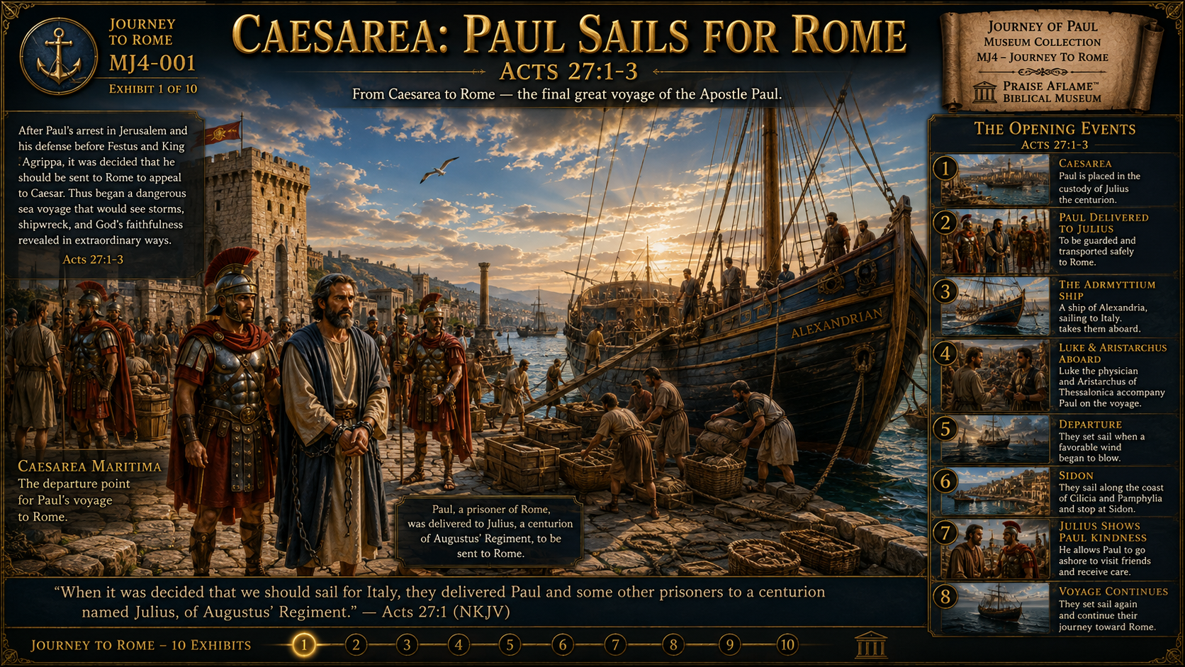 Museum reconstruction of Paul under Roman guard boarding a ship at Caesarea to begin the voyage toward Rome