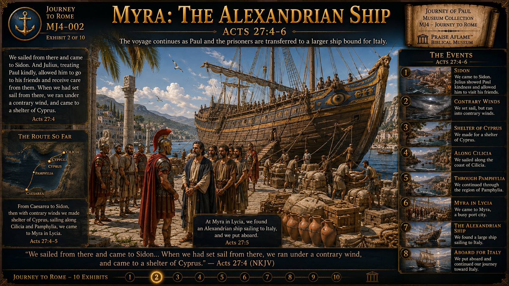 Museum reconstruction of Paul and the prisoners transferring at Myra to a large Alexandrian ship sailing for Italy
