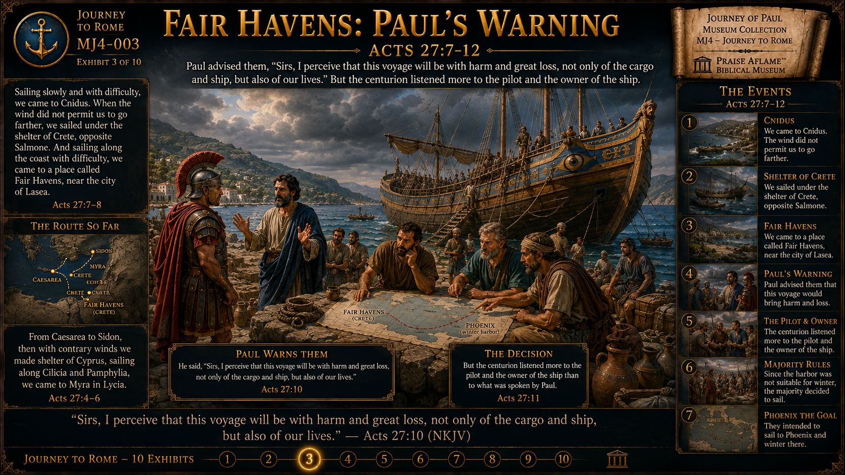 Museum reconstruction of Paul warning Julius, the pilot, and the shipowner at Fair Havens on Crete