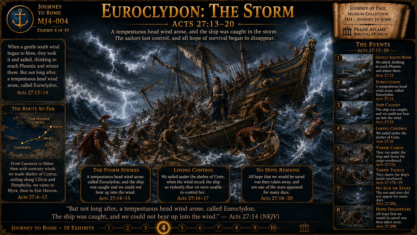 Museum reconstruction of Paul's Alexandrian ship caught in the violent Euroclydon storm on the Mediterranean