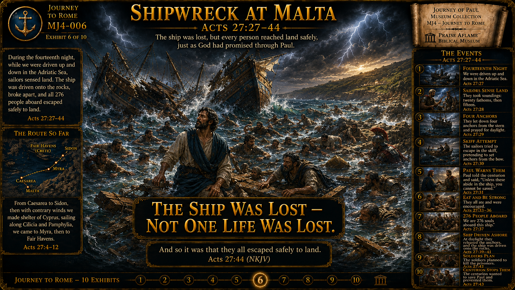 Museum reconstruction of Paul's ship breaking apart near Malta while passengers swim and cling to wreckage as they escape safely to land