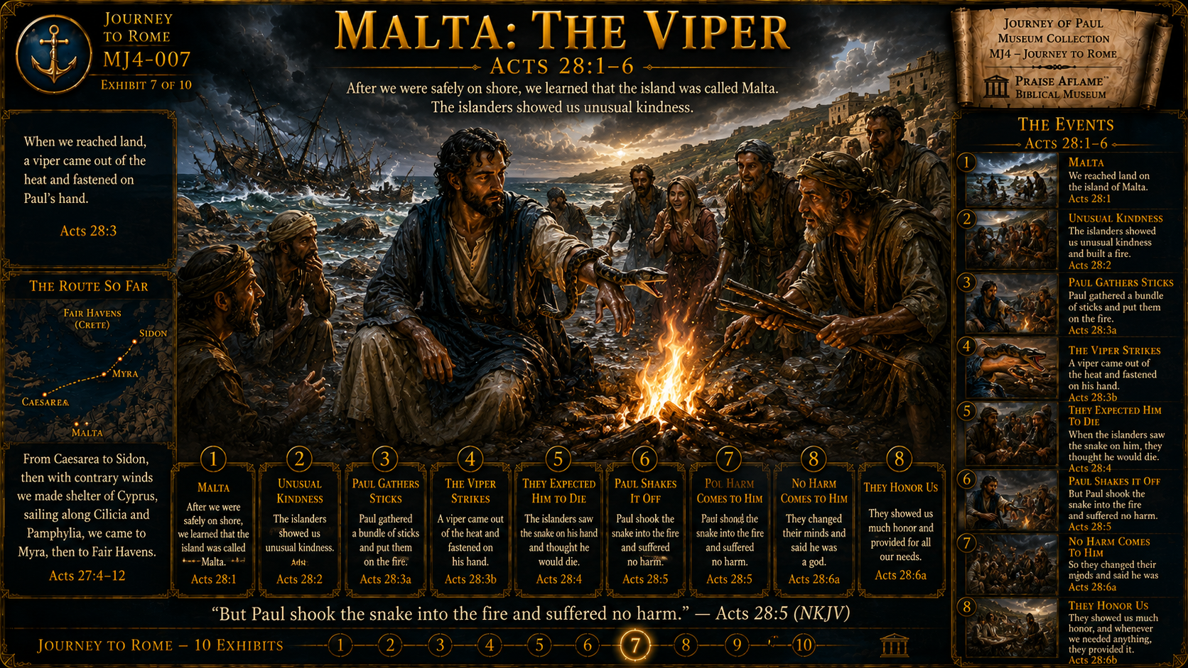 Museum reconstruction of Paul on Malta shaking a viper from his hand into a fire as islanders and shipwreck survivors watch