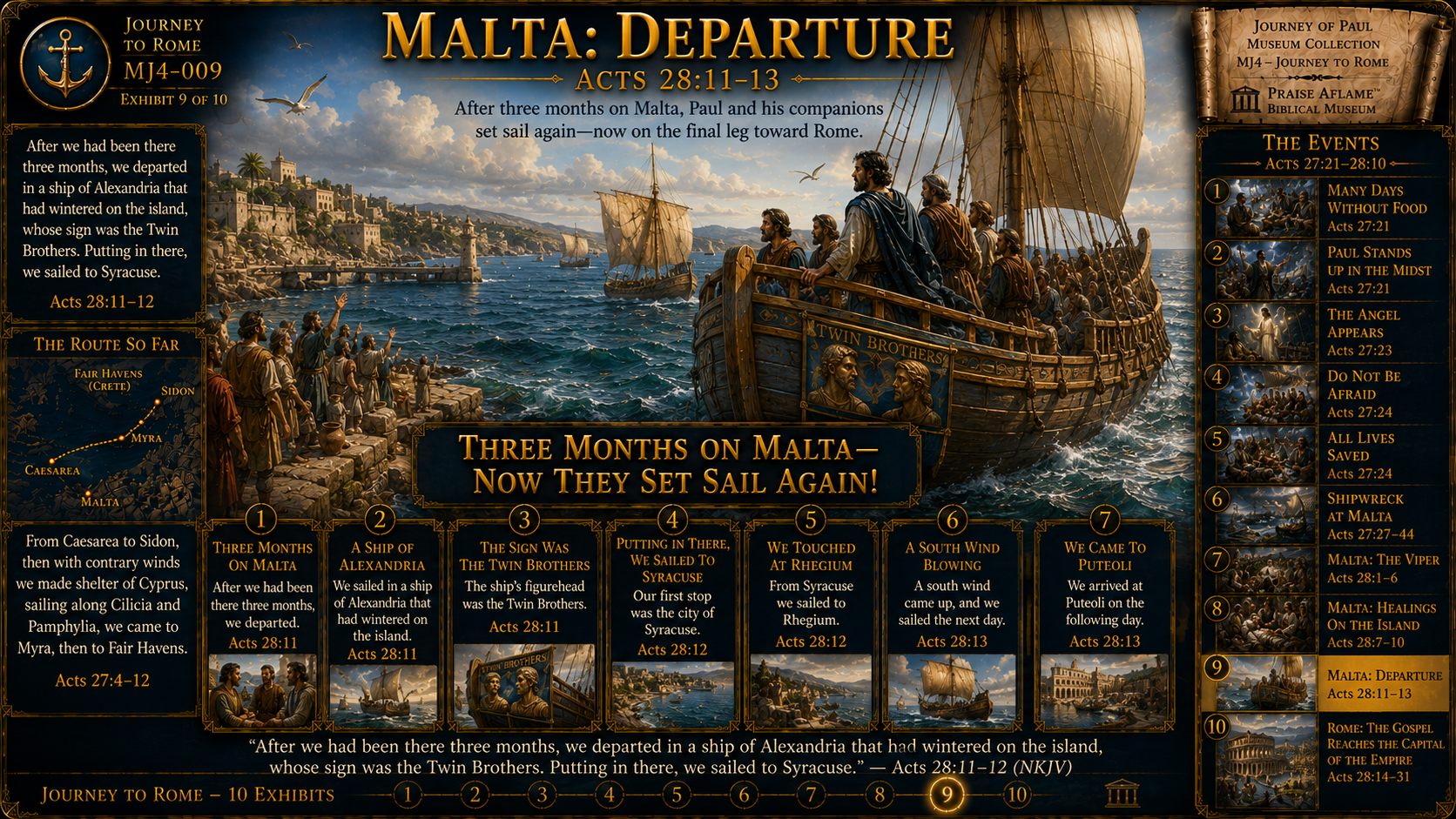 Museum reconstruction of Paul and the travelers leaving Malta aboard an Alexandrian ship after three months on the island