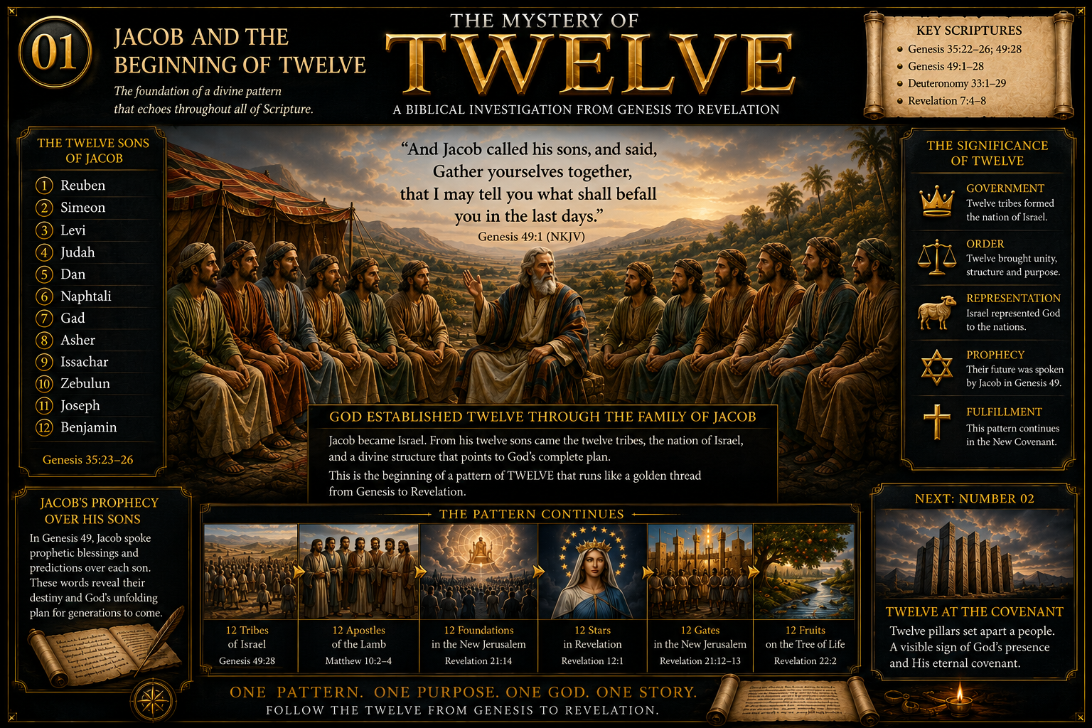 Jacob surrounded by his twelve sons, six on each side, illustrating the beginning of the biblical pattern of twelve