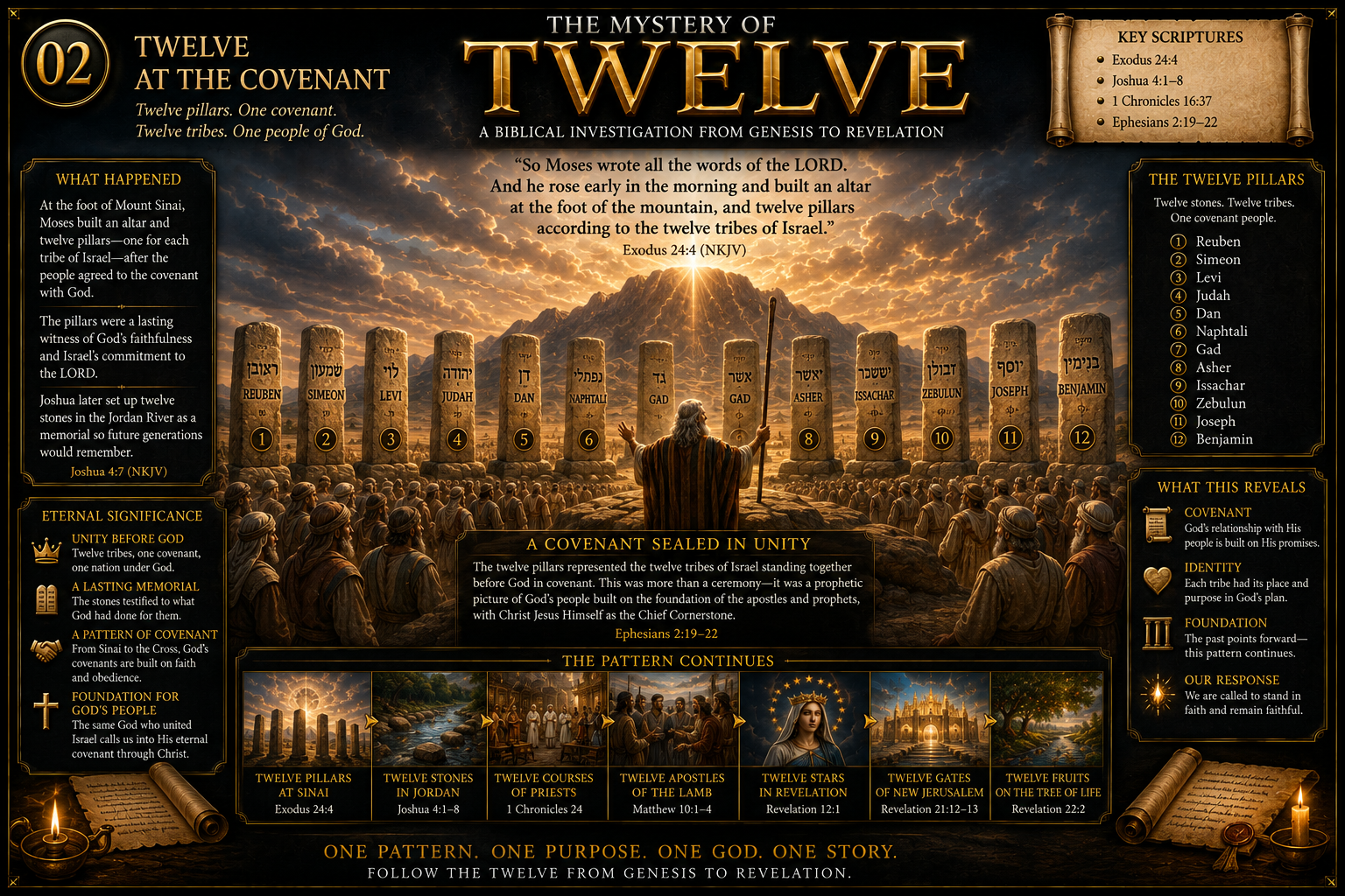 Moses at Mount Sinai with twelve pillars representing the twelve tribes of Israel
