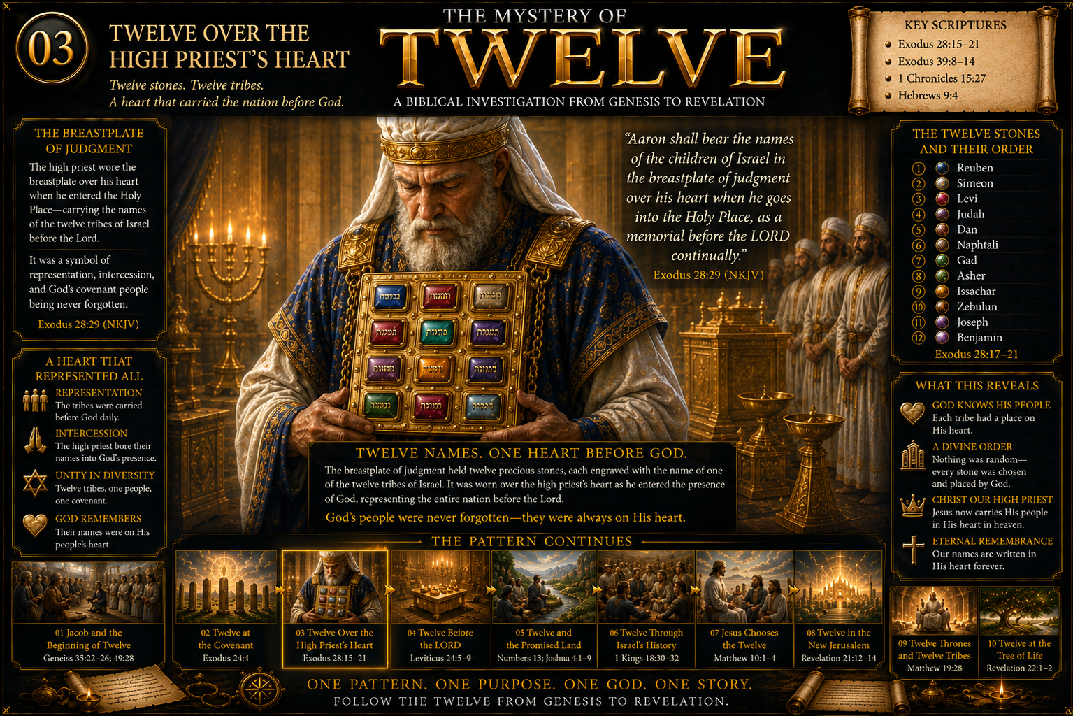 The high priest wearing the breastplate of judgment with twelve precious stones representing the tribes of Israel