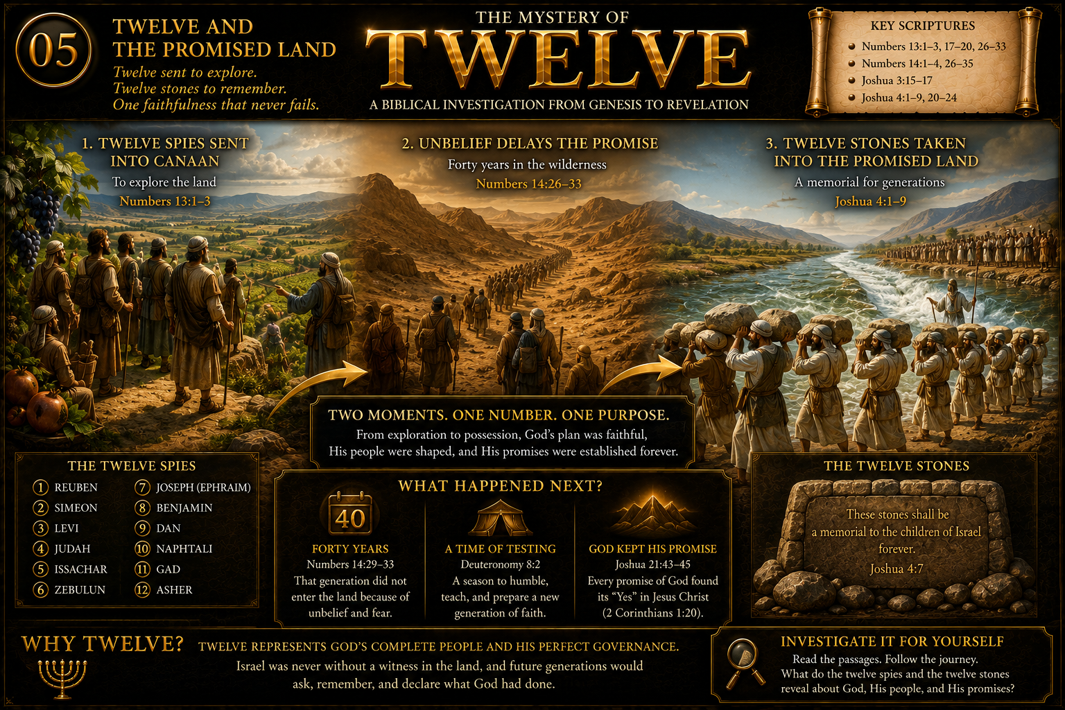 Twelve spies exploring Canaan and twelve memorial stones connected with Israel entering the Promised Land