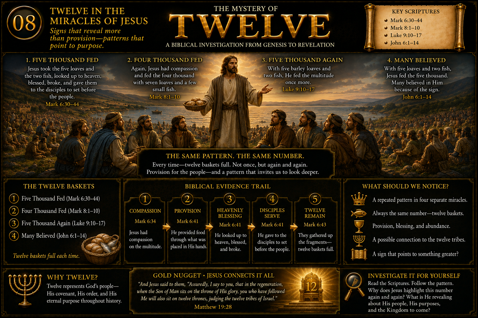 Jesus feeding the five thousand with twelve baskets of fragments remaining
