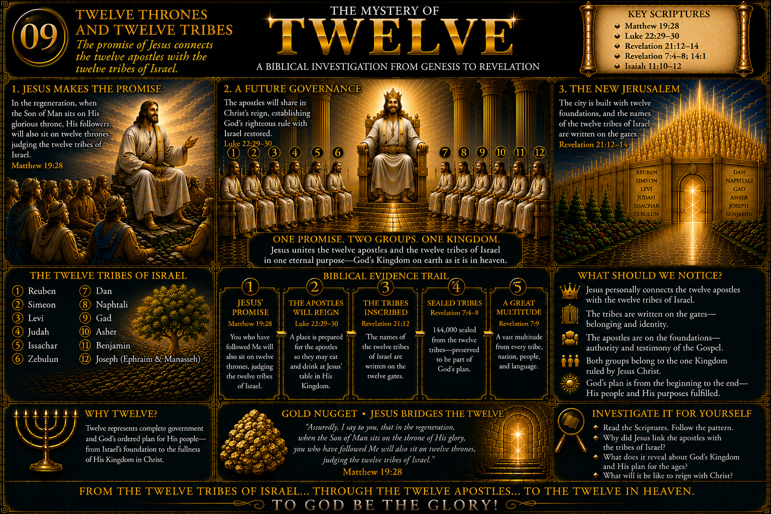Jesus Christ, twelve thrones, the twelve apostles, the twelve tribes of Israel and the New Jerusalem