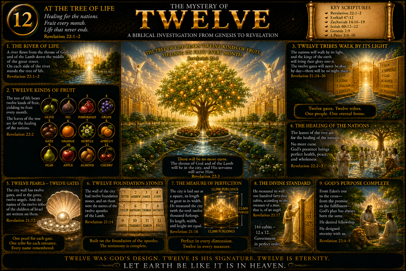 The Tree of Life beside the river of life, bearing twelve fruits in the New Jerusalem