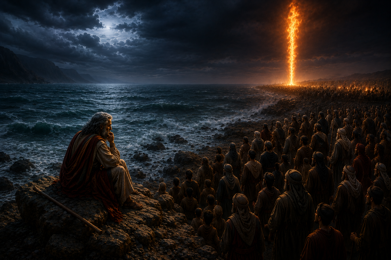 Moses sitting by the Red Sea with the Pillar of Fire at night