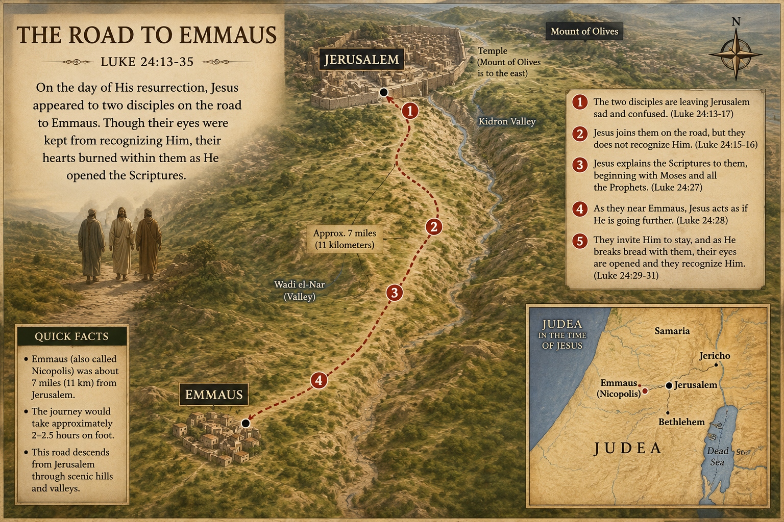 Map of the Road to Emmaus from Jerusalem