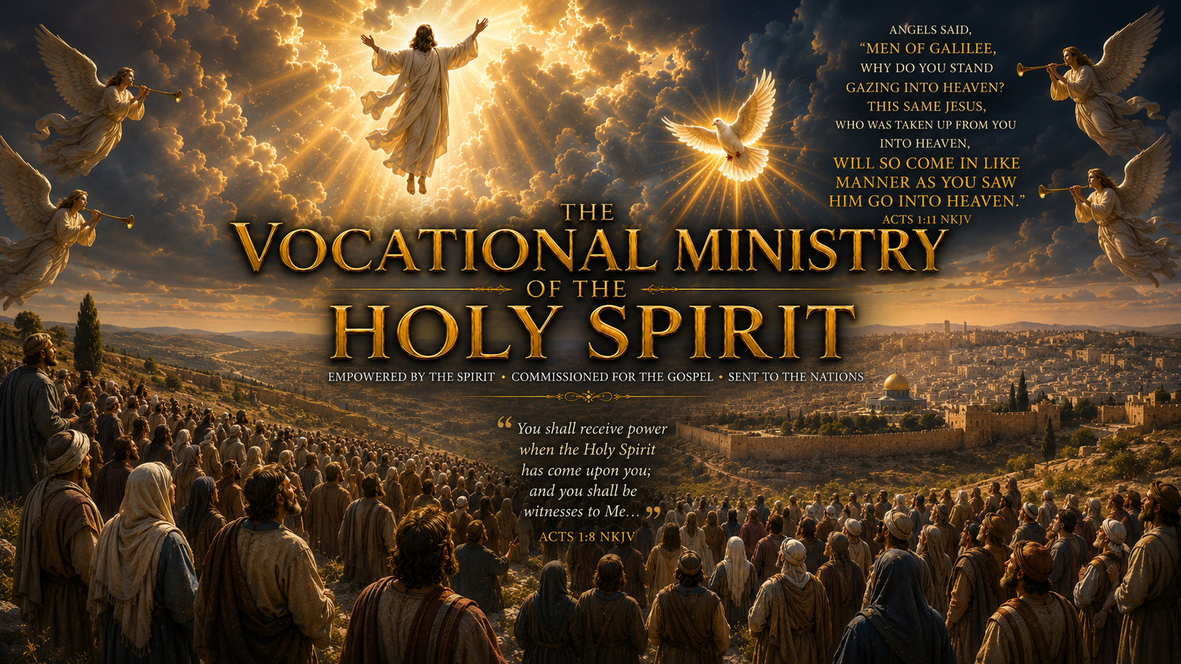 Jesus ascending from the Mount of Olives as believers look toward heaven